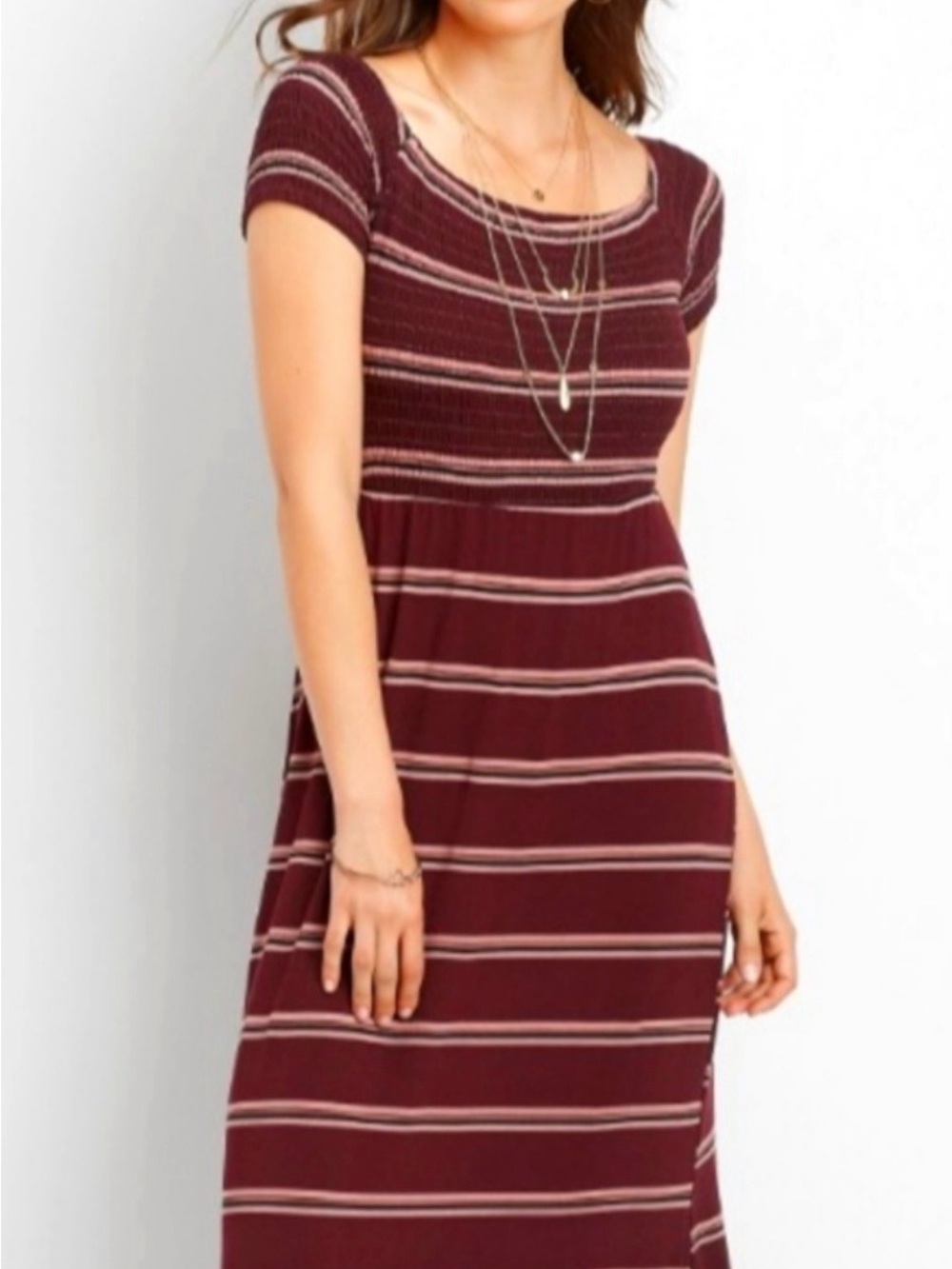 Women's Striped Burgundy Short-Sleeve Maxi Dress